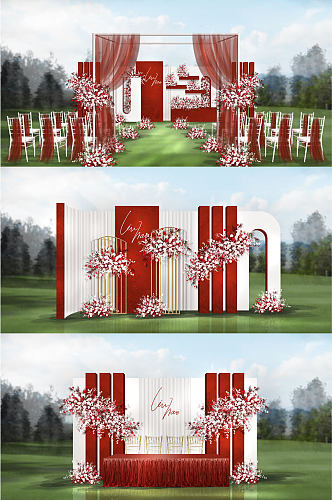 现代简约红白色农村草坪户外婚礼布置图片效果图