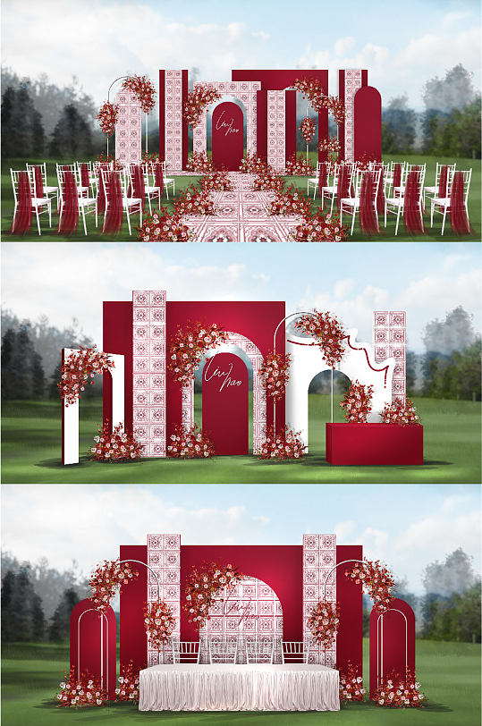 红白撞色摩洛哥风格农村草坪户外婚礼布置效果图图片