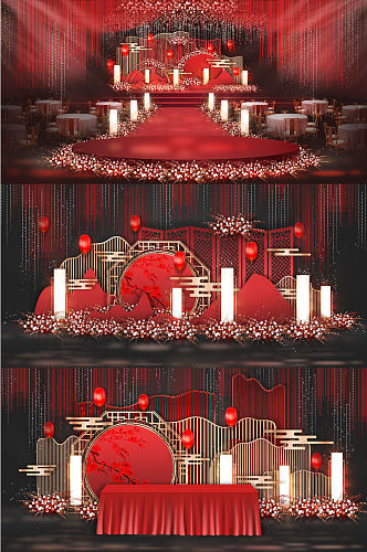寿宴布置 喜庆红色新中式婚礼效果图图片