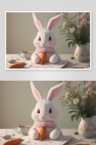 复古复活节兔子与胡萝卜简约手绘图案