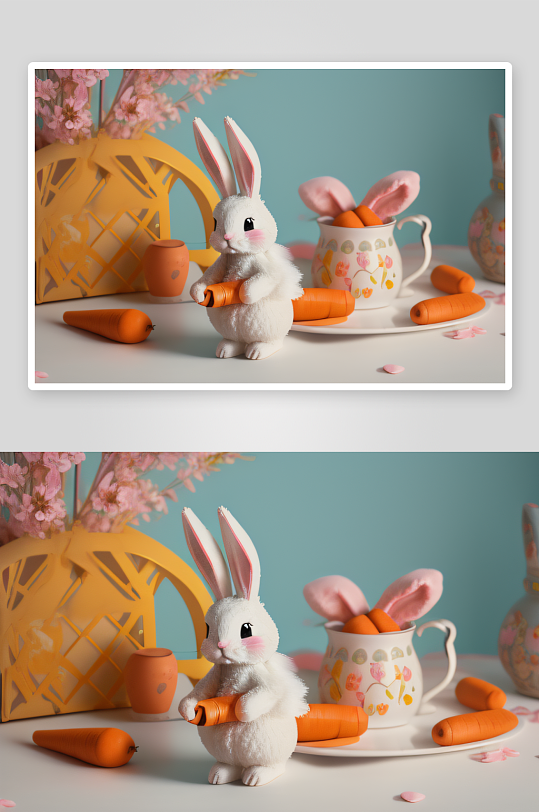 复古风复活节图案兔子与胡萝卜