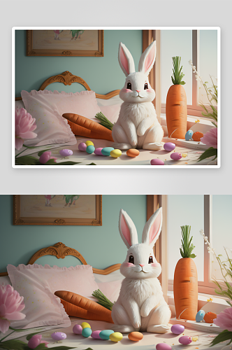 简约手绘复古复活节兔子与胡萝卜