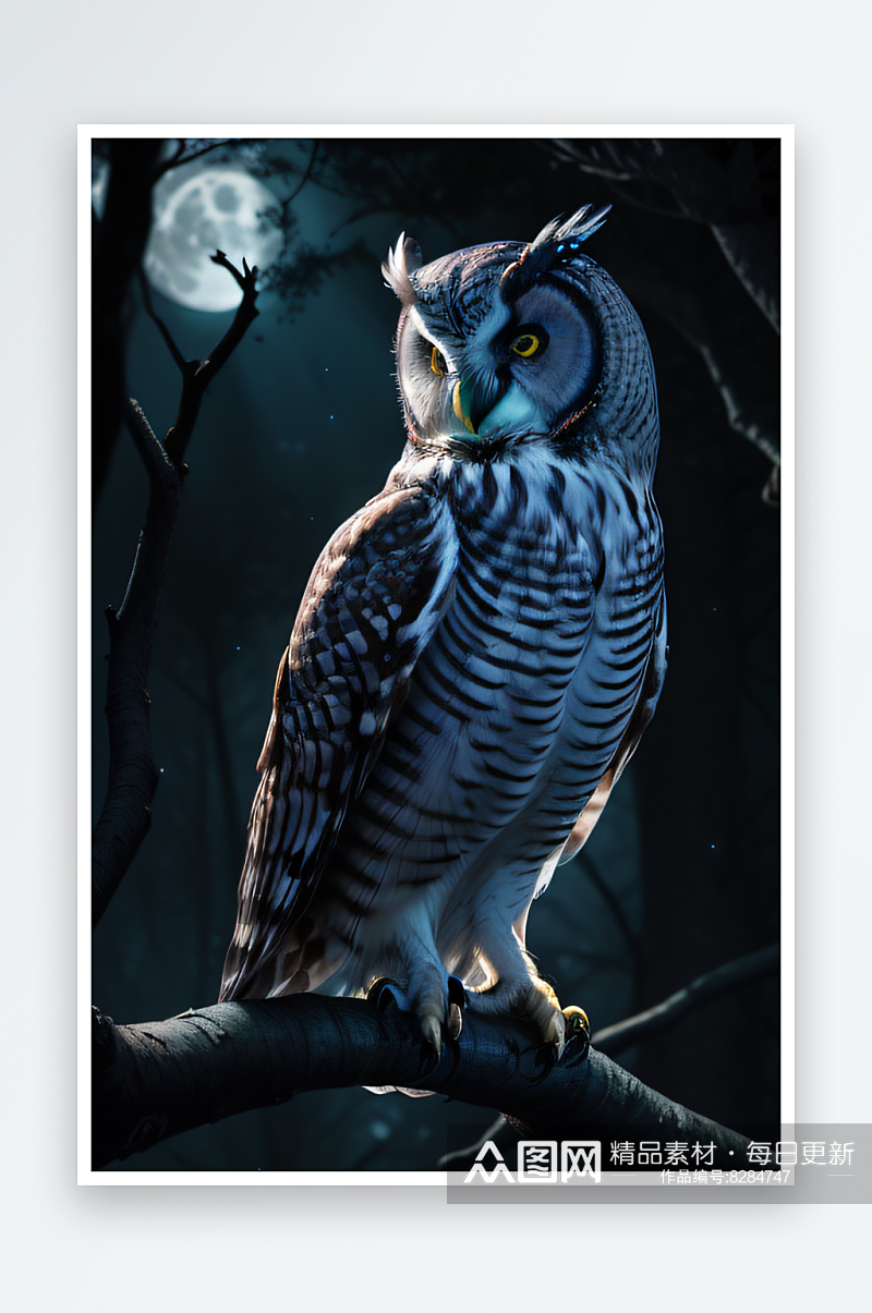 夜晚森林的魔力神秘的猫头鹰栖息在树上素材