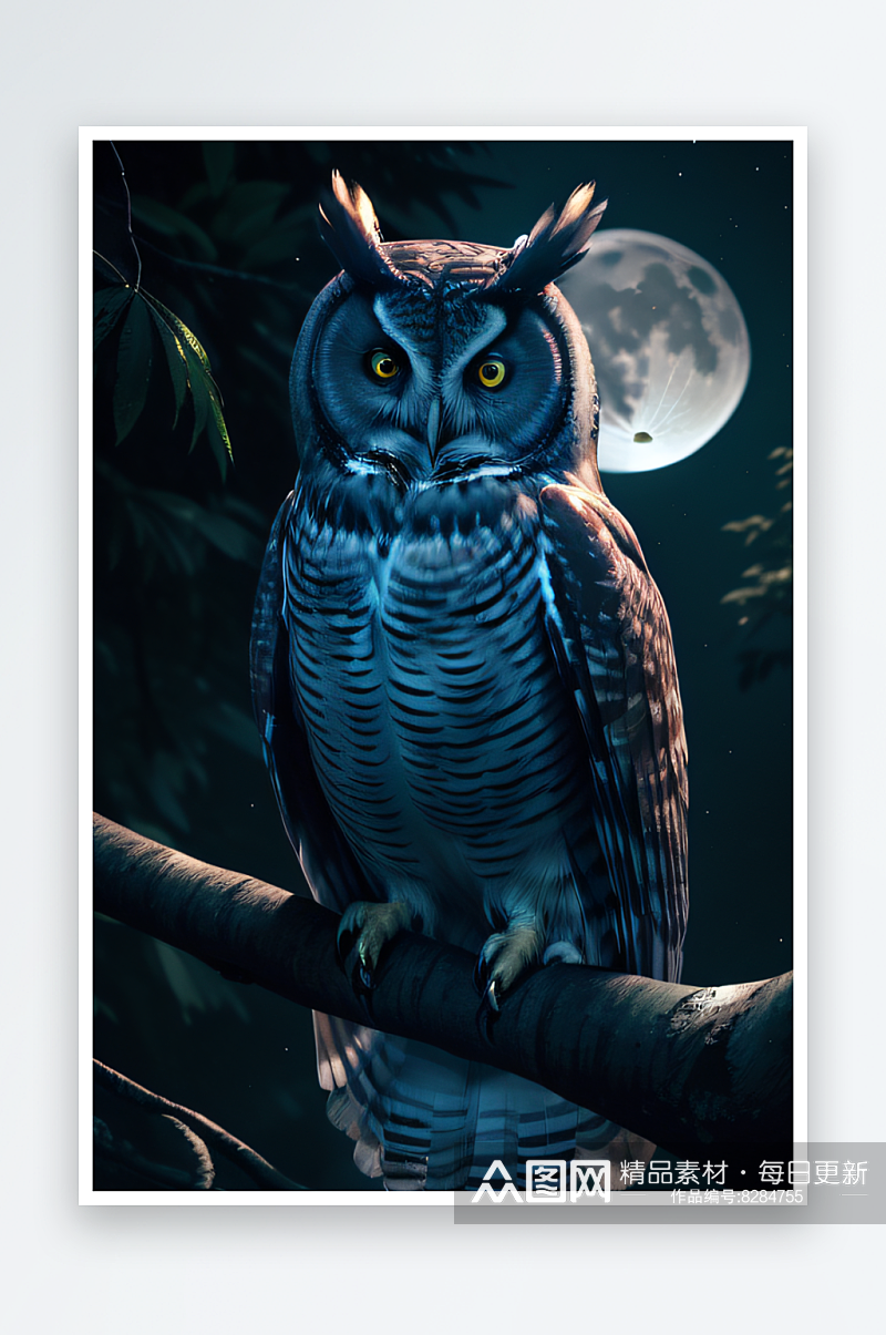 夜晚森林的魔力神秘的猫头鹰栖息在树上素材