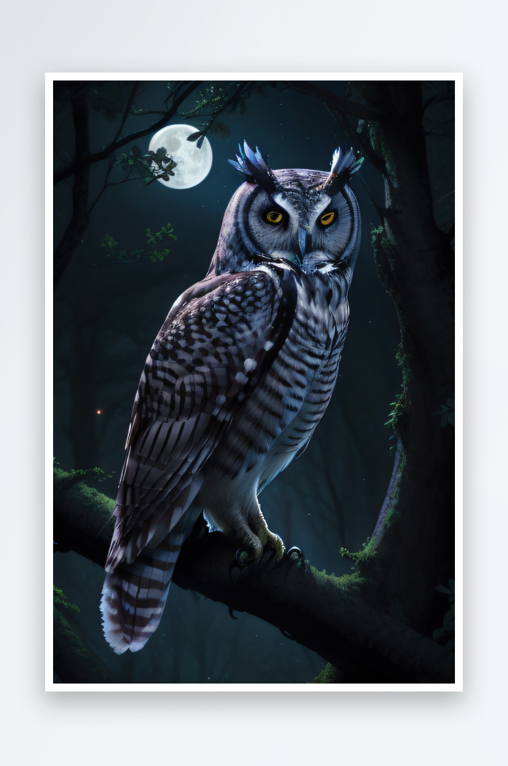 夜晚森林的魔力神秘的猫头鹰栖息在树上素材