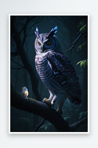 夜晚森林的魔力神秘的猫头鹰栖息在树上
