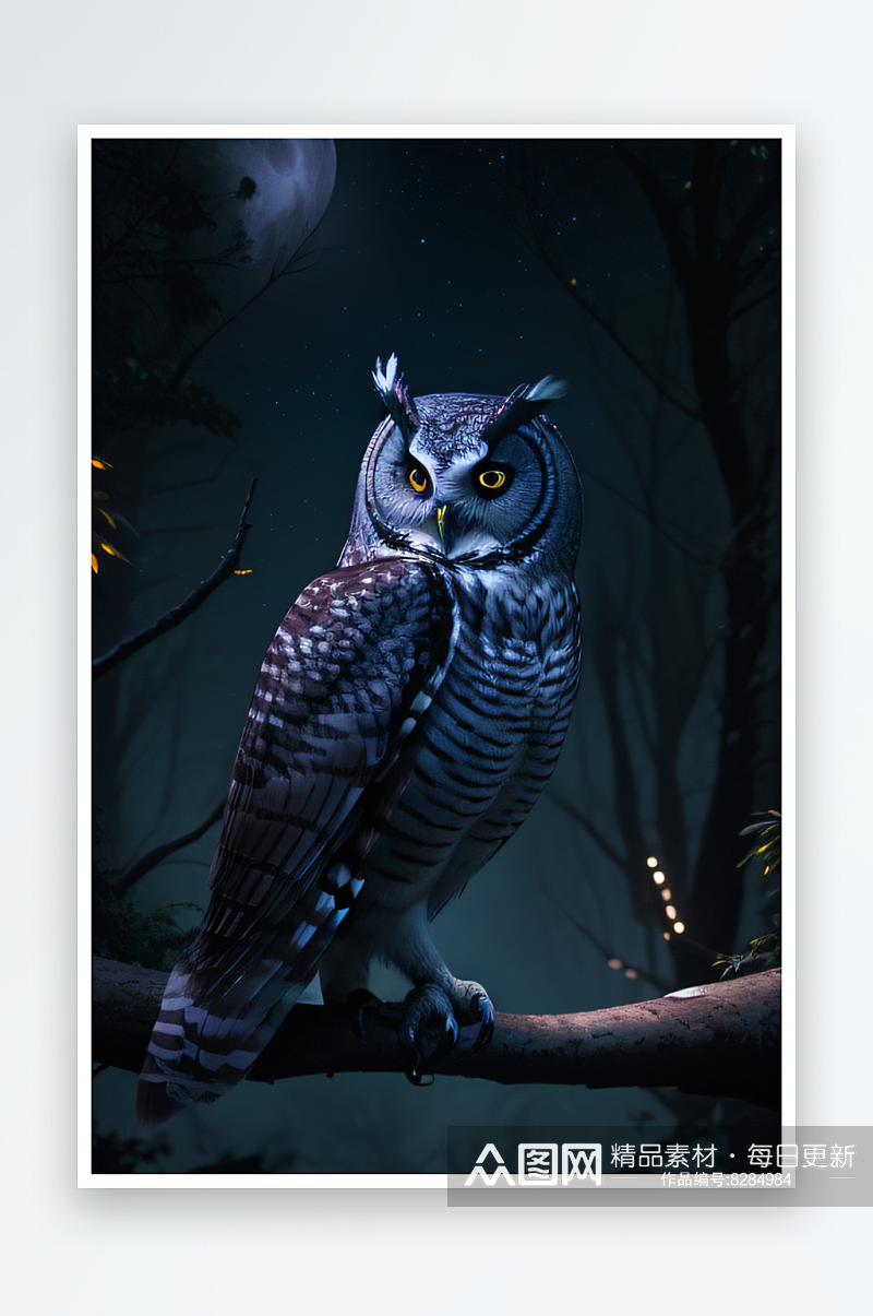 神秘夜晚的守护者猫头鹰栖息在树上素材