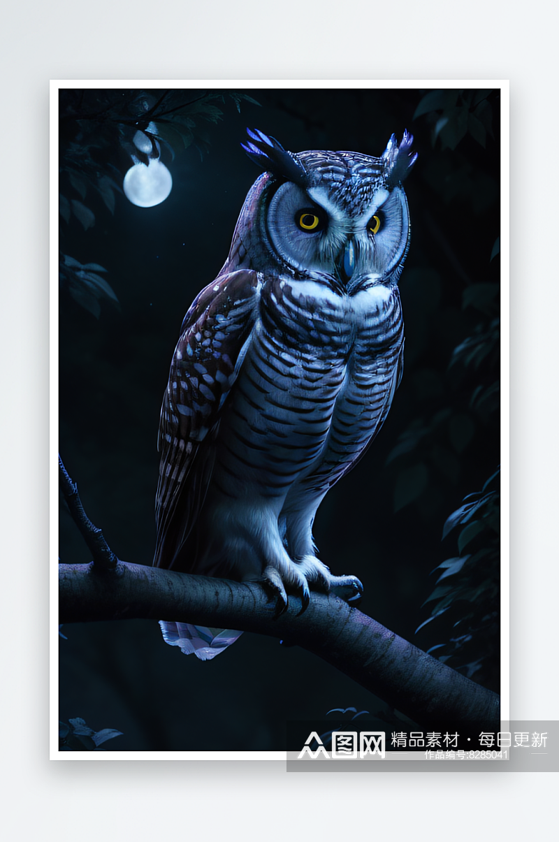 神秘之夜猫头鹰在树枝上的魅力素材