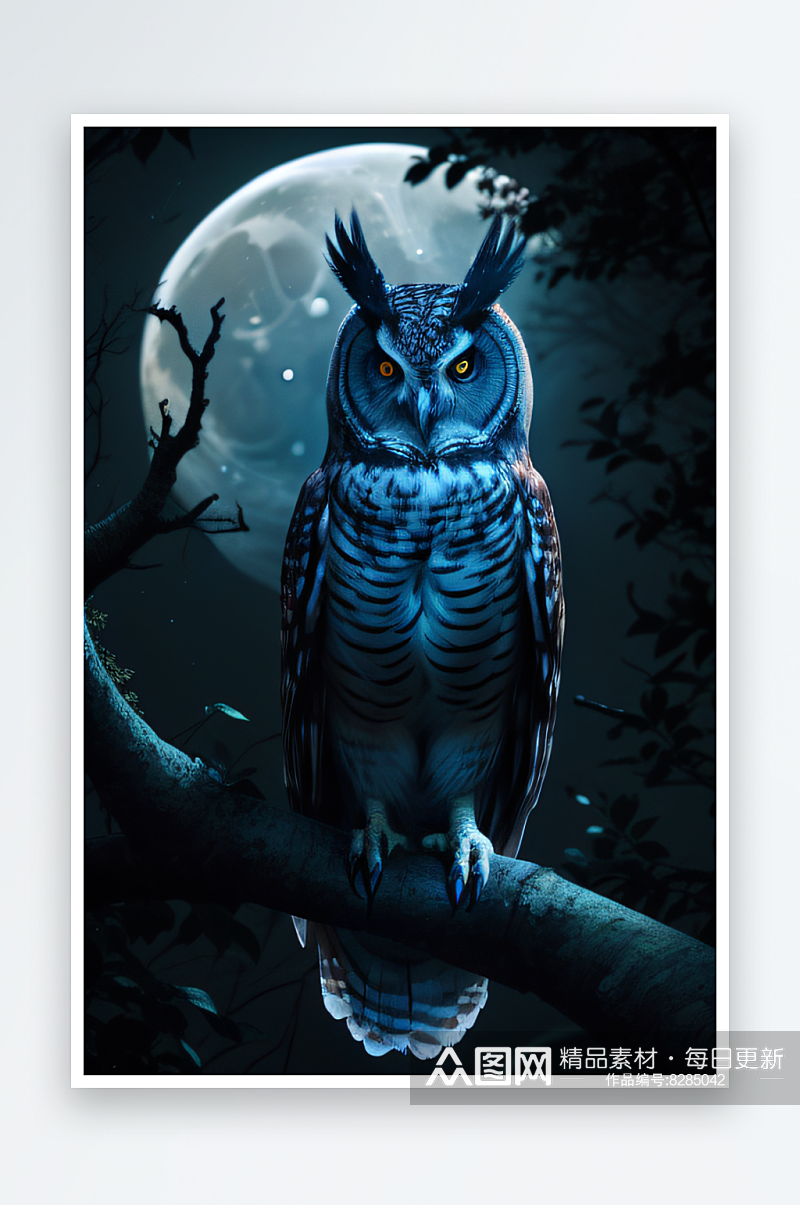 神秘之夜猫头鹰在树枝上的魅力素材