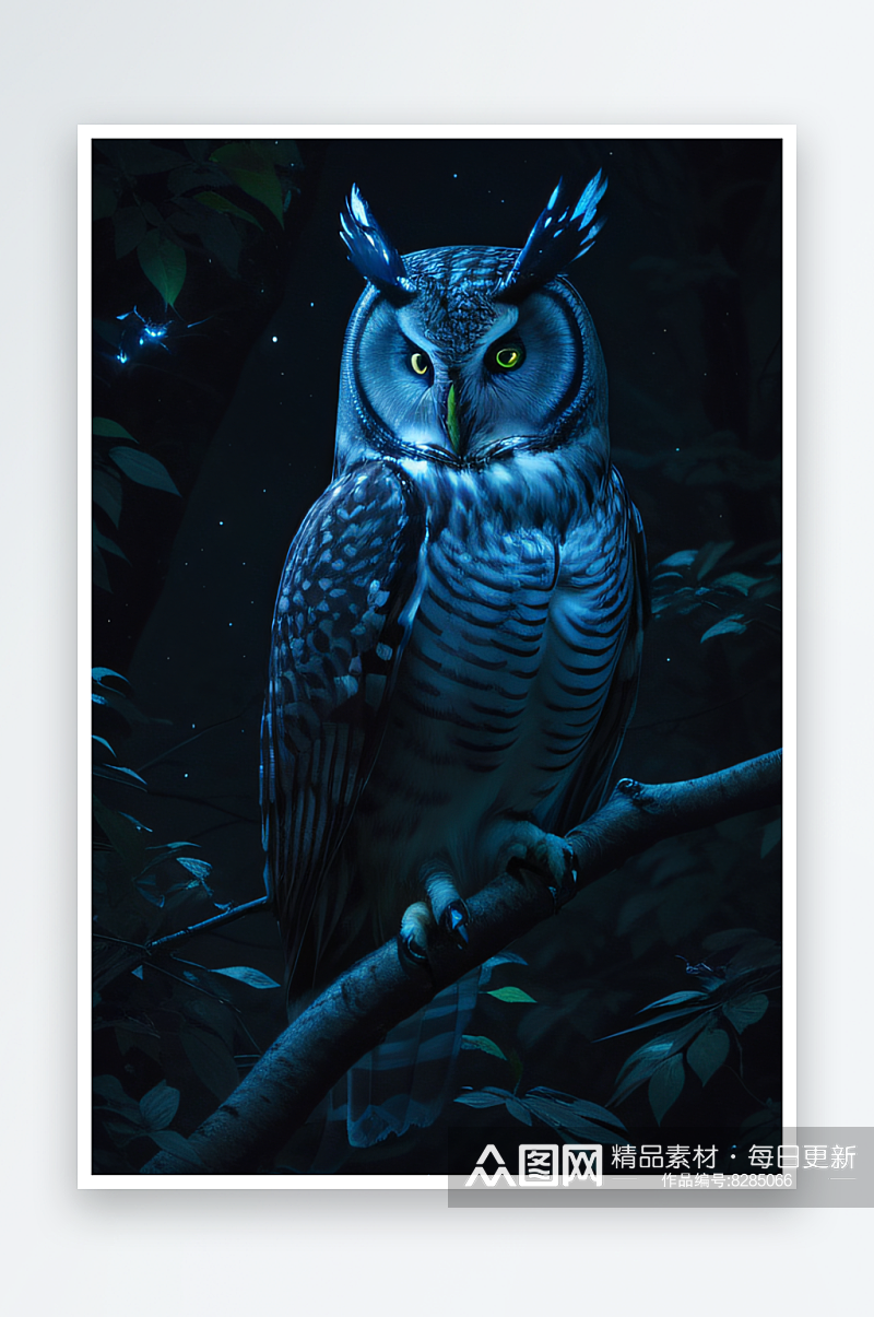 神奇瞳眸猫头鹰在夜晚森林中的智慧之光素材