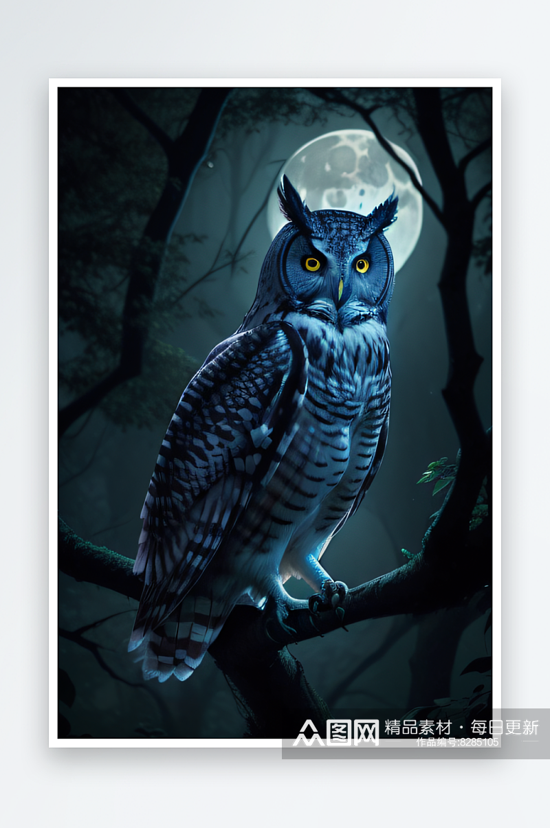 奇幻的存在猫头鹰在夜晚森林中栖息素材