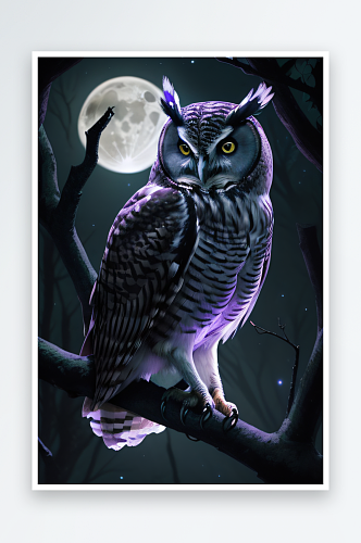 奇幻的存在猫头鹰在夜晚森林中栖息