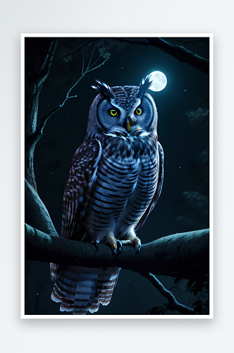 奇幻的存在猫头鹰在夜晚森林中栖息