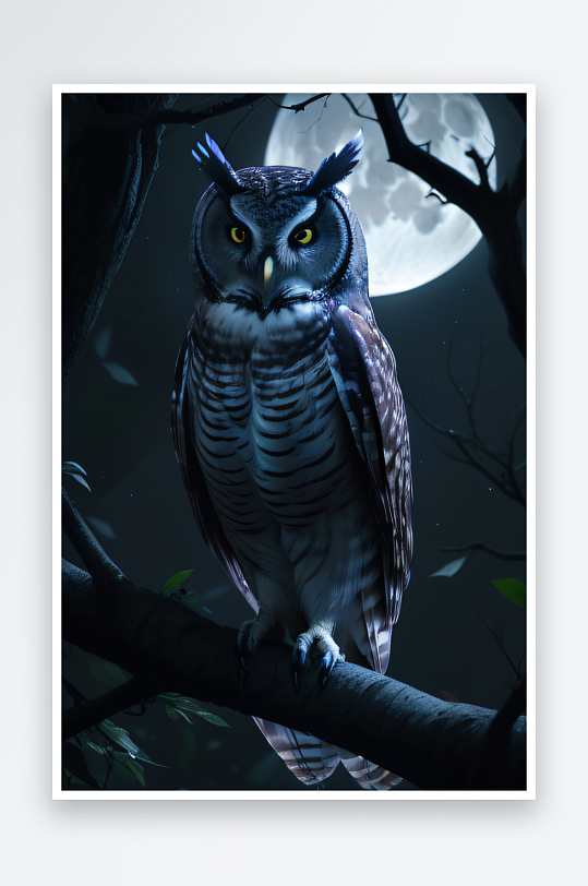 魅力夜晚猫头鹰栖息在树上的神奇画面