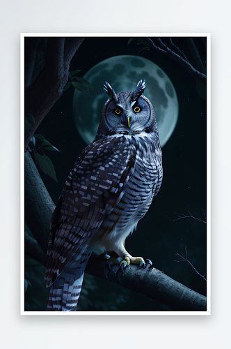 神秘瞳孔猫头鹰在夜晚森林中的智慧眼神