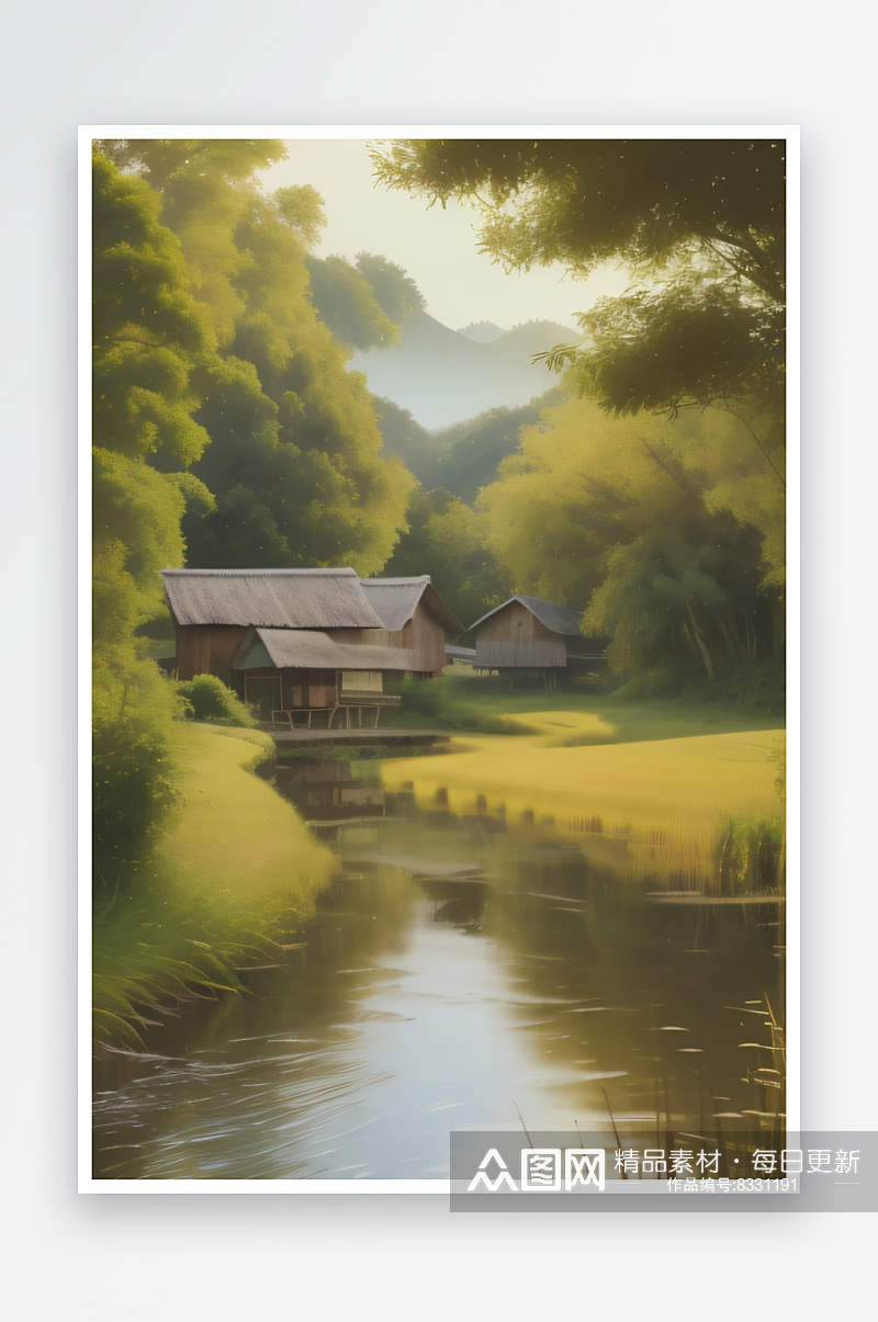 乡村风情风车稻田和小河的图画素材