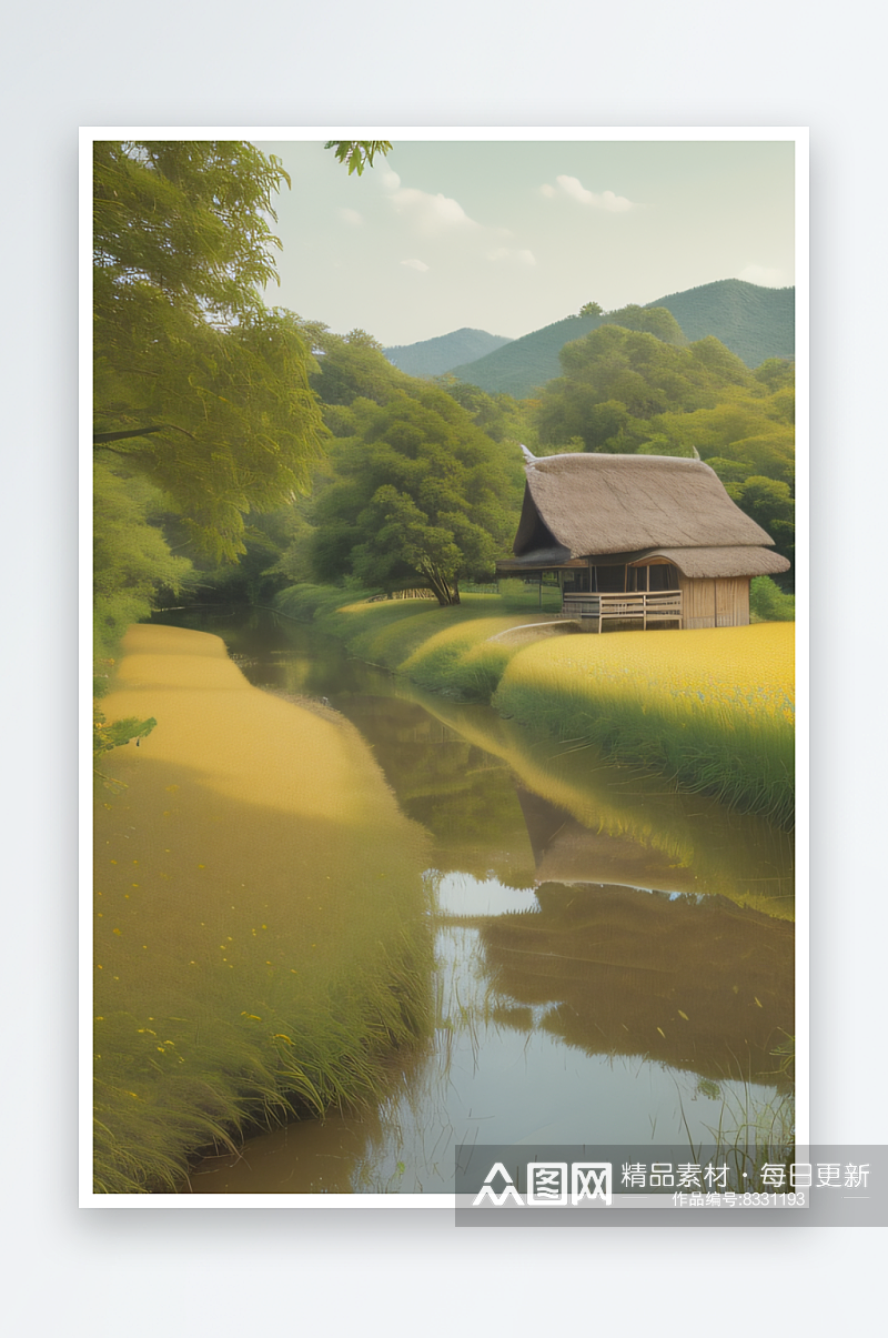 乡村风情风车稻田和小河的图画素材
