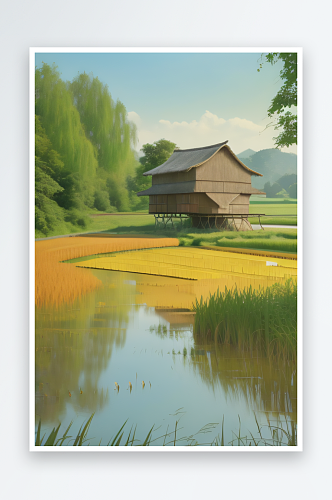 乡村风情风车稻田和小河的图画