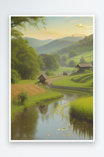 乡村风情风车稻田和小河的图画