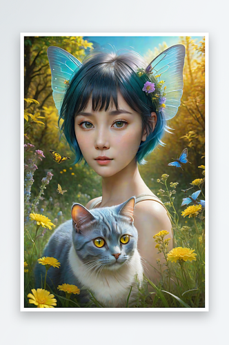 梦幻星球的仙灵猫咪与多彩翅膀小精灵