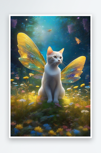 梦幻星球的仙灵猫咪与多彩翅膀小精灵