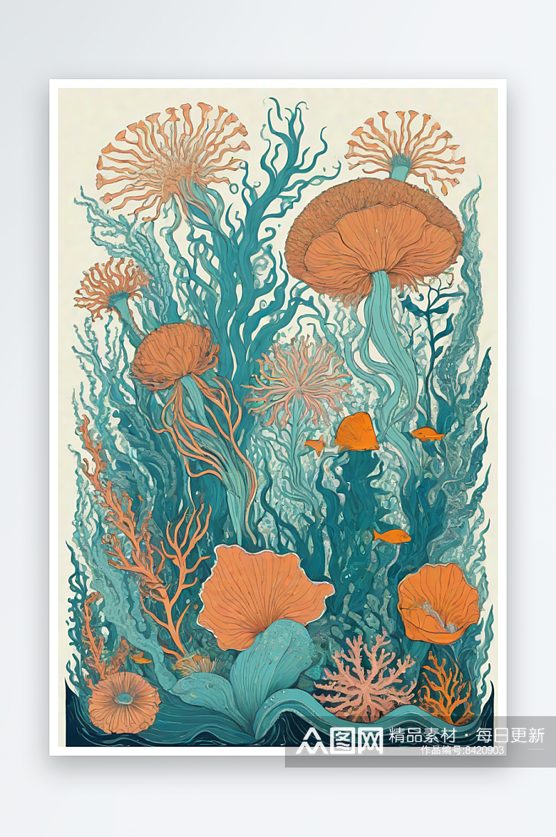 海洋之花风格插画的海洋植物和生物素材