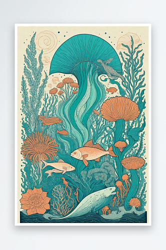 海洋之花风格插画的海洋植物和生物