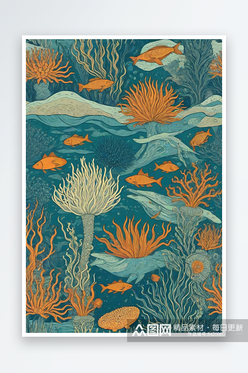 海洋之花风格插画的海洋植物和生物素材