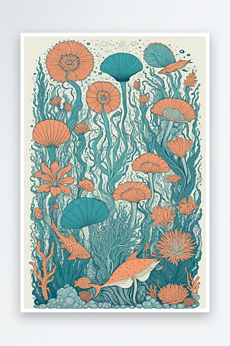 海洋之花风格插画的海洋植物和生物