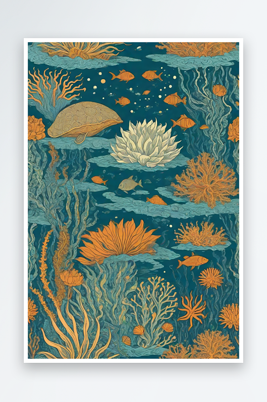 神奇海洋植物和生物的幻觉插画