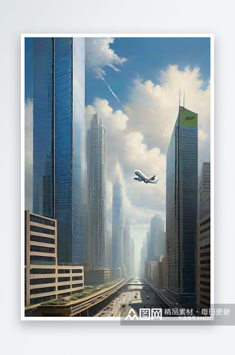 都市大楼与飞机的融合之旅素材