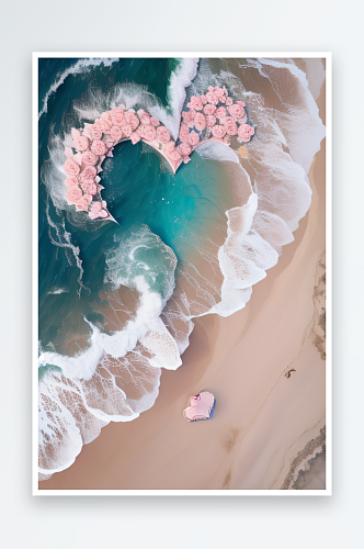 心形沙滩上的浪漫玫瑰与炫光生物