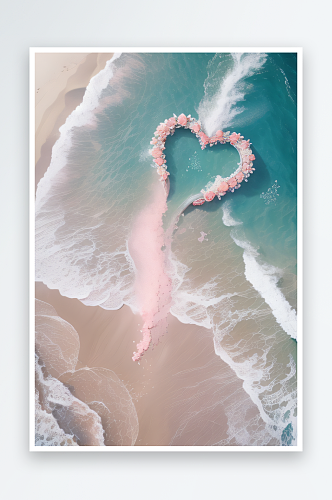 心形沙滩上的浪漫玫瑰与炫光生物
