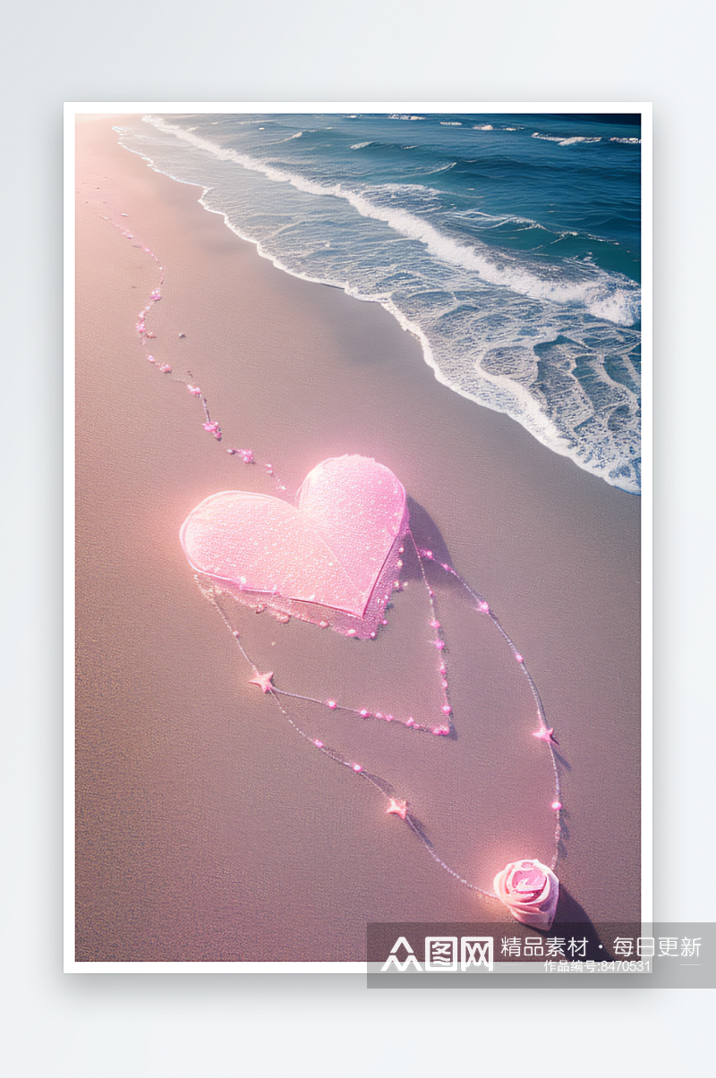 心形沙滩上的浪漫玫瑰与炫光生物素材
