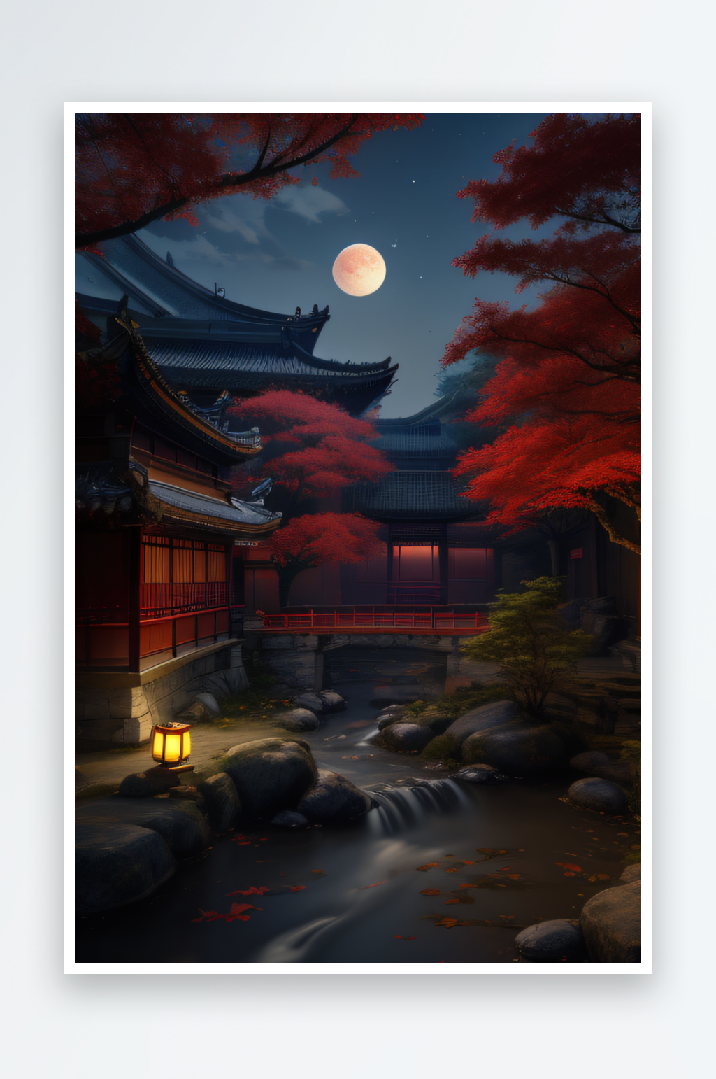 古风江南溪流旁的古建筑和红叶枫树素材
