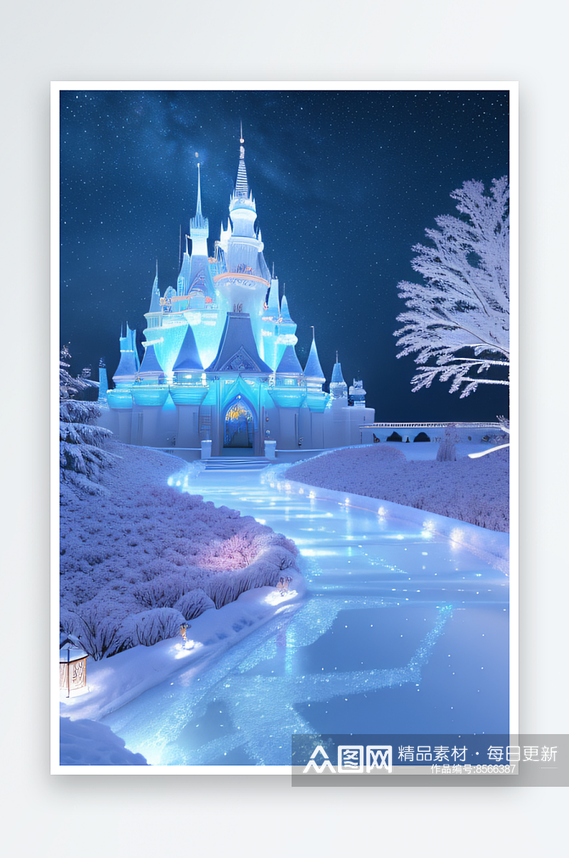 冰雪仙境冰雪城堡与冰玫瑰的幻景素材