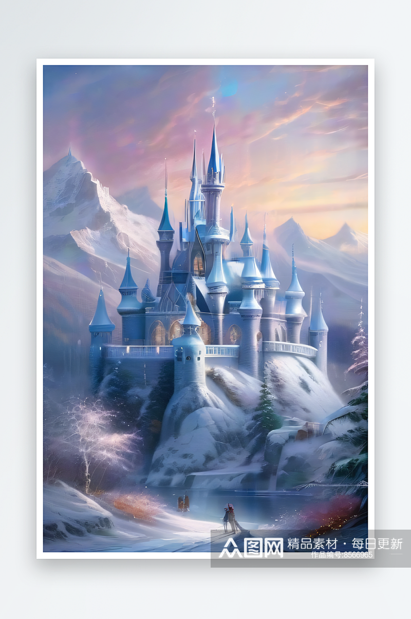 冰雪奇迹冰雪城堡与冰玫瑰的神奇美景素材
