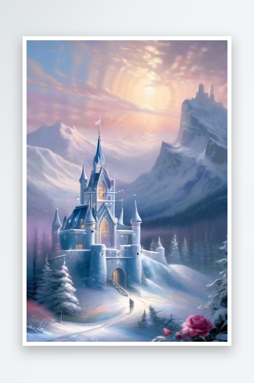 冰雪奇迹冰雪城堡与冰玫瑰的神奇美景素材