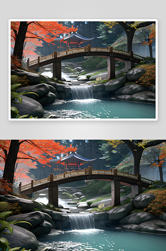 古老梦幻景观秋叶飘落的桥流水