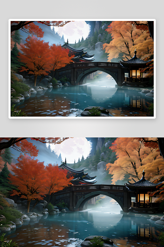 秋葉月夜美麗橋梁與流水景觀