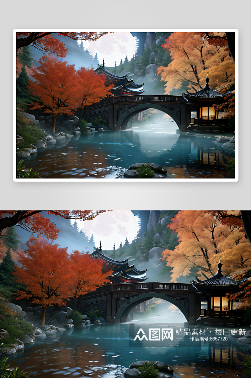 秋葉月夜美麗橋梁與流水景觀素材
