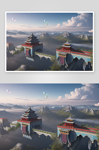 高清细节展示云上三座古代宫殿
