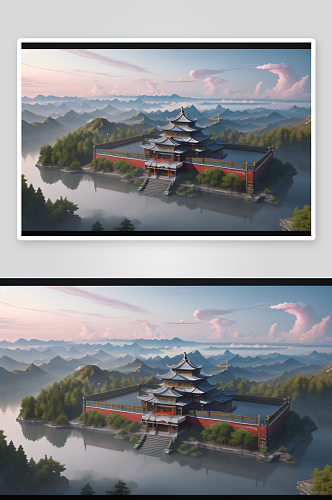 壮丽云上古代宫殿渲染高清8K画面