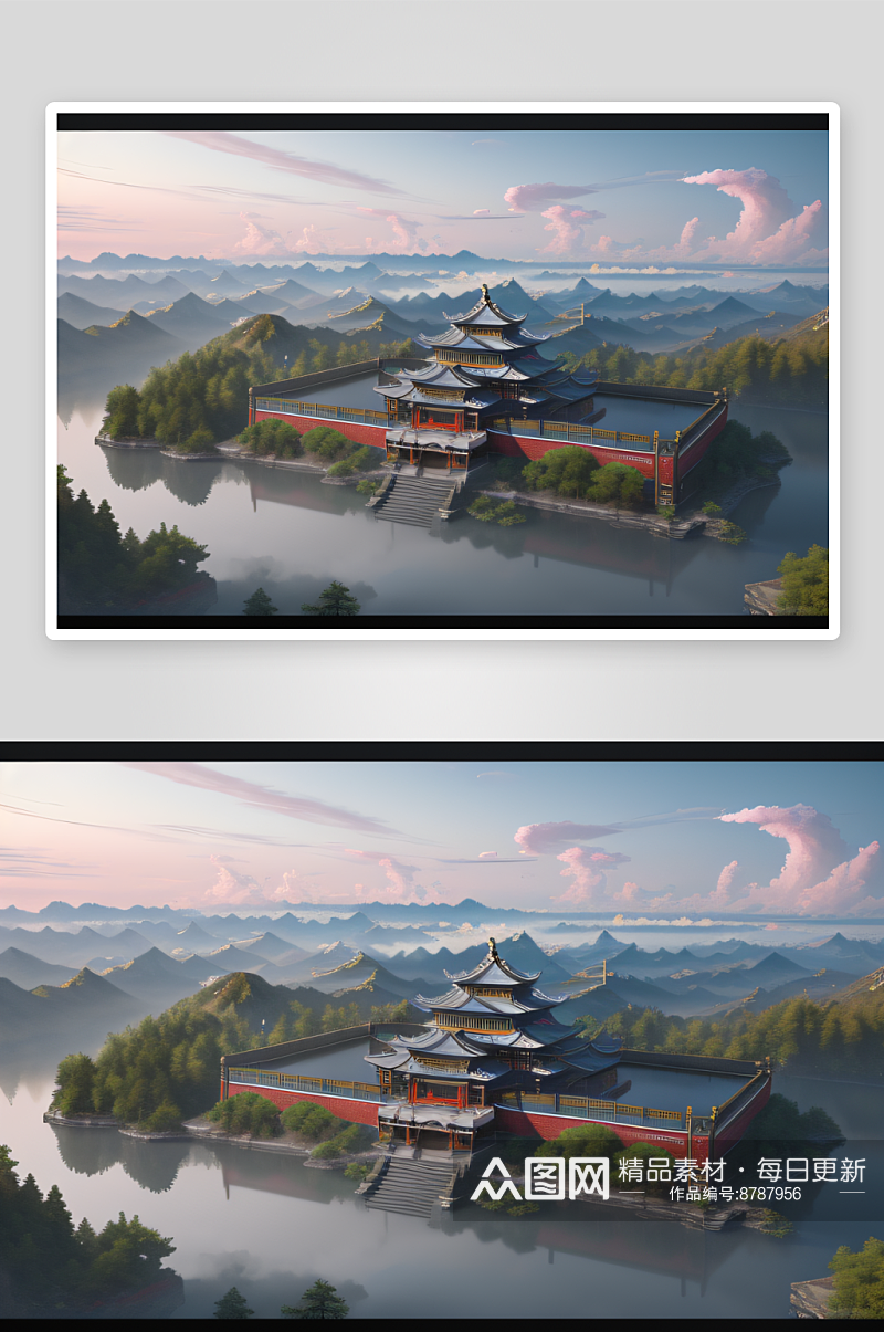 壮丽云上古代宫殿渲染高清8K画面素材
