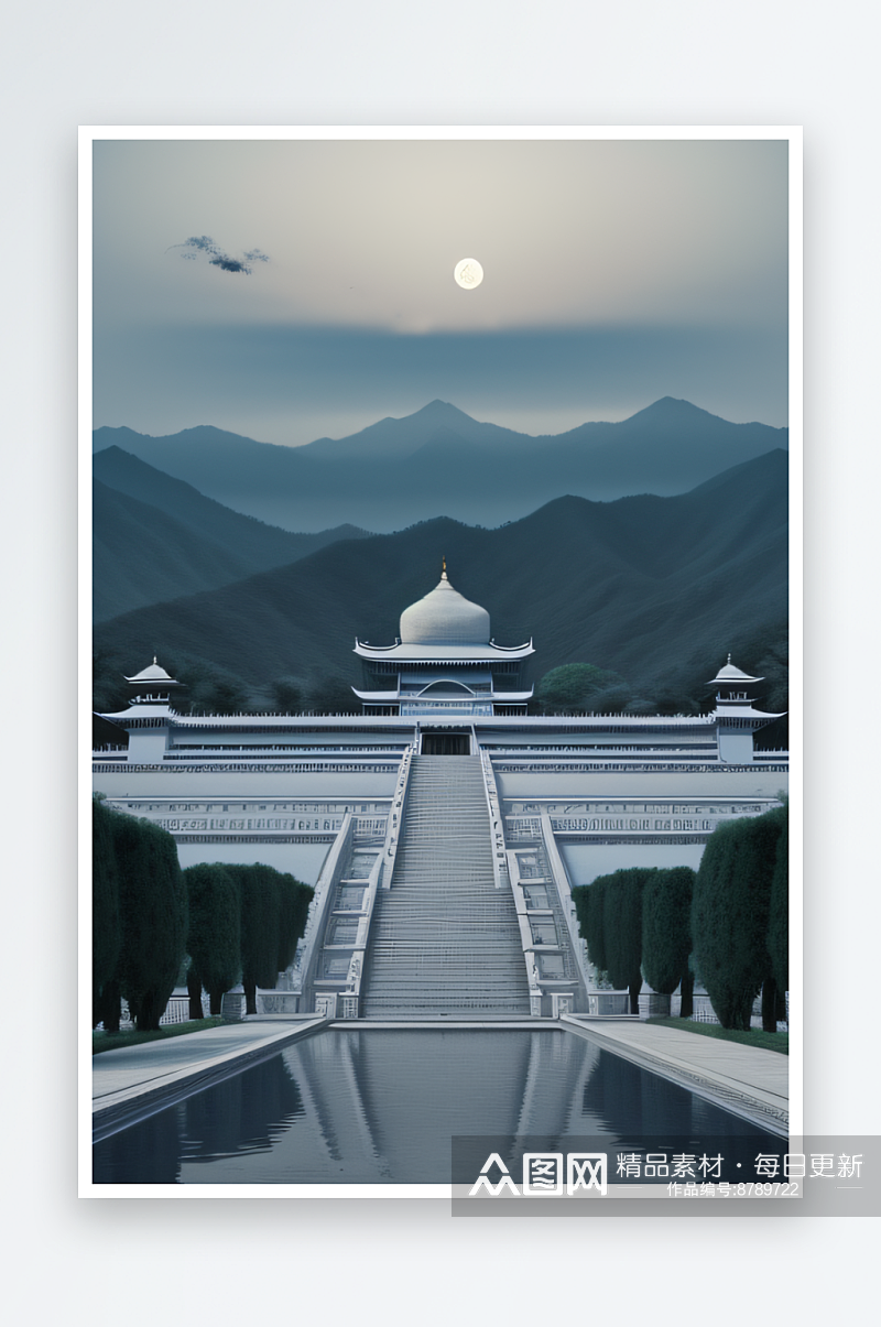 雾山之巅宁静美丽的中国宫殿素材