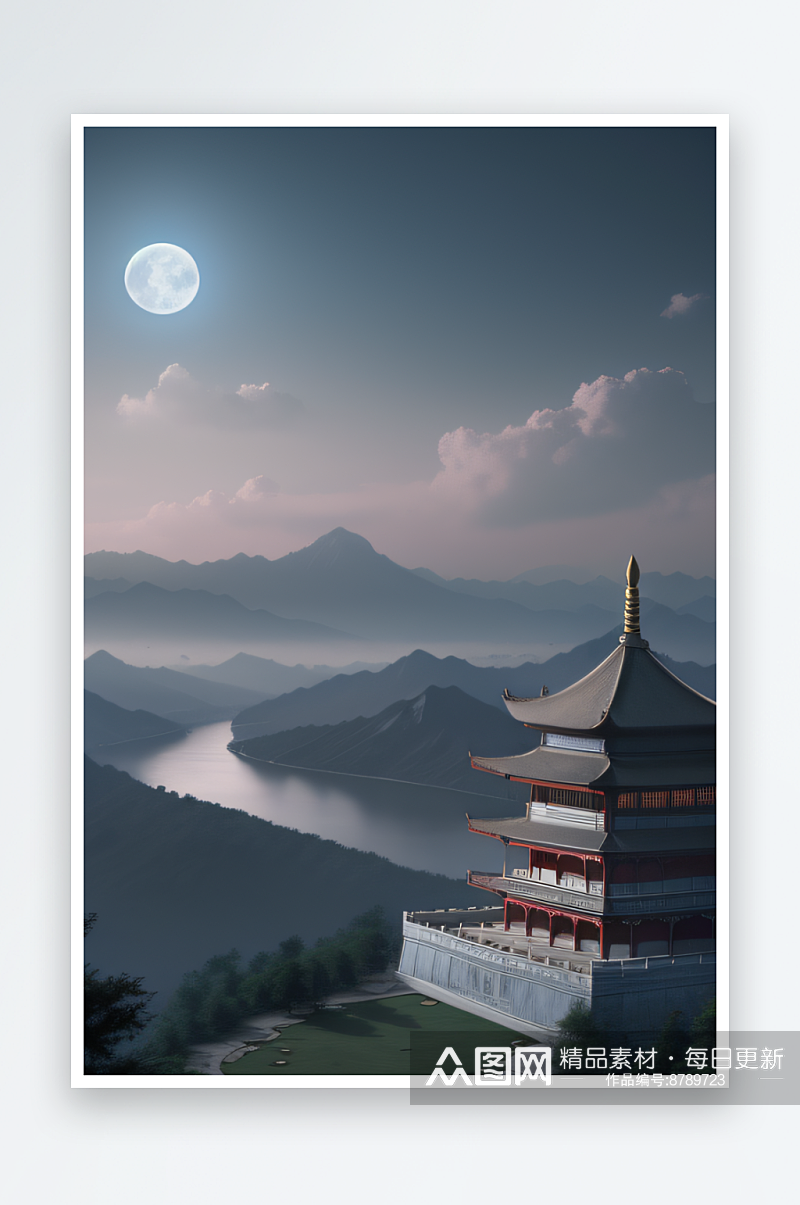 雾山之巅宁静美丽的中国宫殿素材