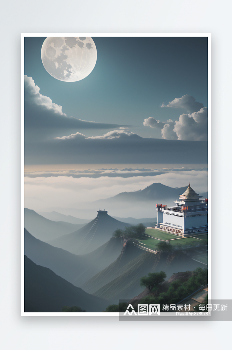 雾山远眺宏伟的中国宫殿与半圆月素材