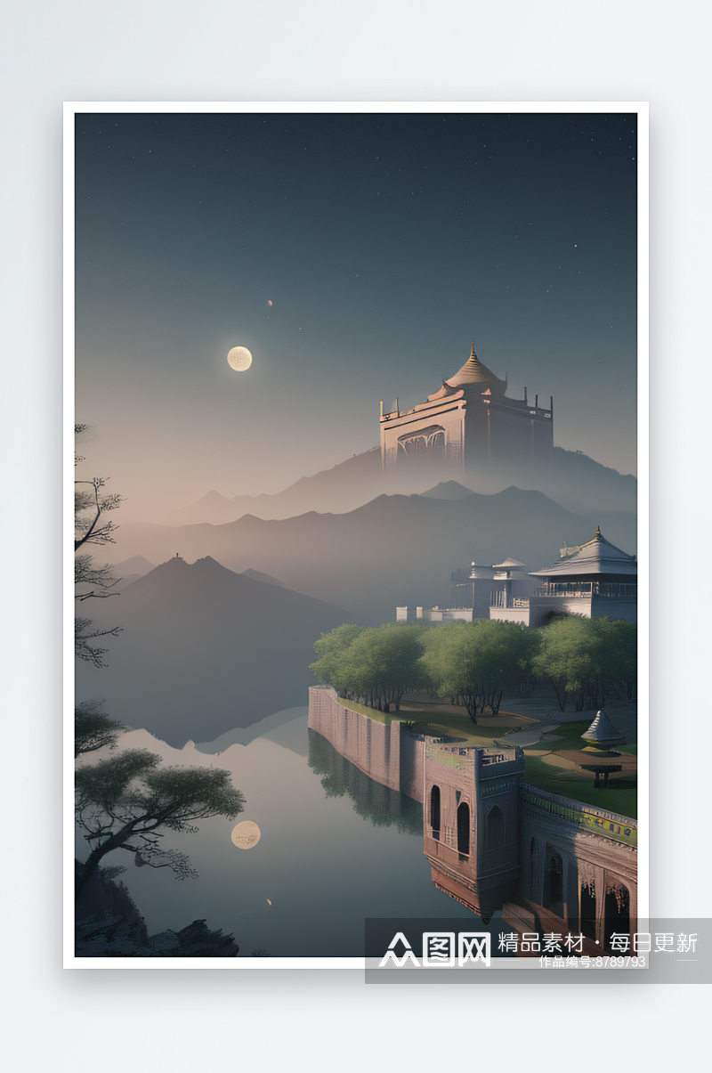 雾山远眺宏伟的中国宫殿与半圆月素材