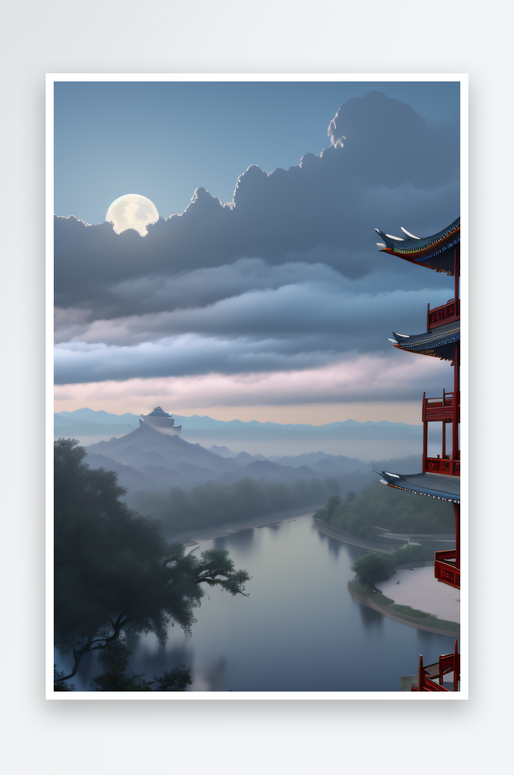 雾山远眺宏伟的中国宫殿与半圆月素材