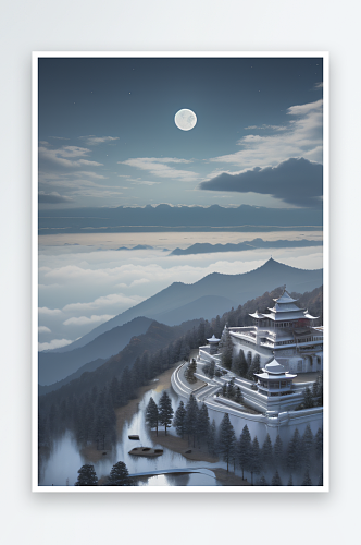 雾山远眺宏伟的中国宫殿与半圆月